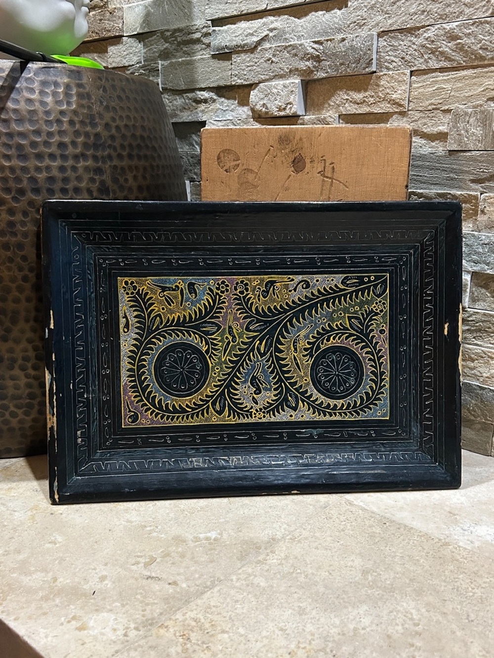 vintage hand-painted and engraved lacquer tray from Olinalá, Guerrero, Mexico